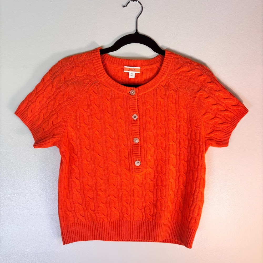 J. Crew 100% Cashmere Short-Sleeve Cable Knit Henley Sweater - Orange